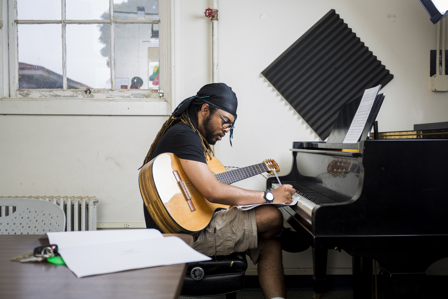 Composer with guitar and piano